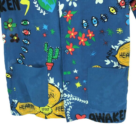 Adidas Pharrell Williams Doodle Shirt Mens M Button Up Floral Blue Camp RARE - Picture 5 of 8